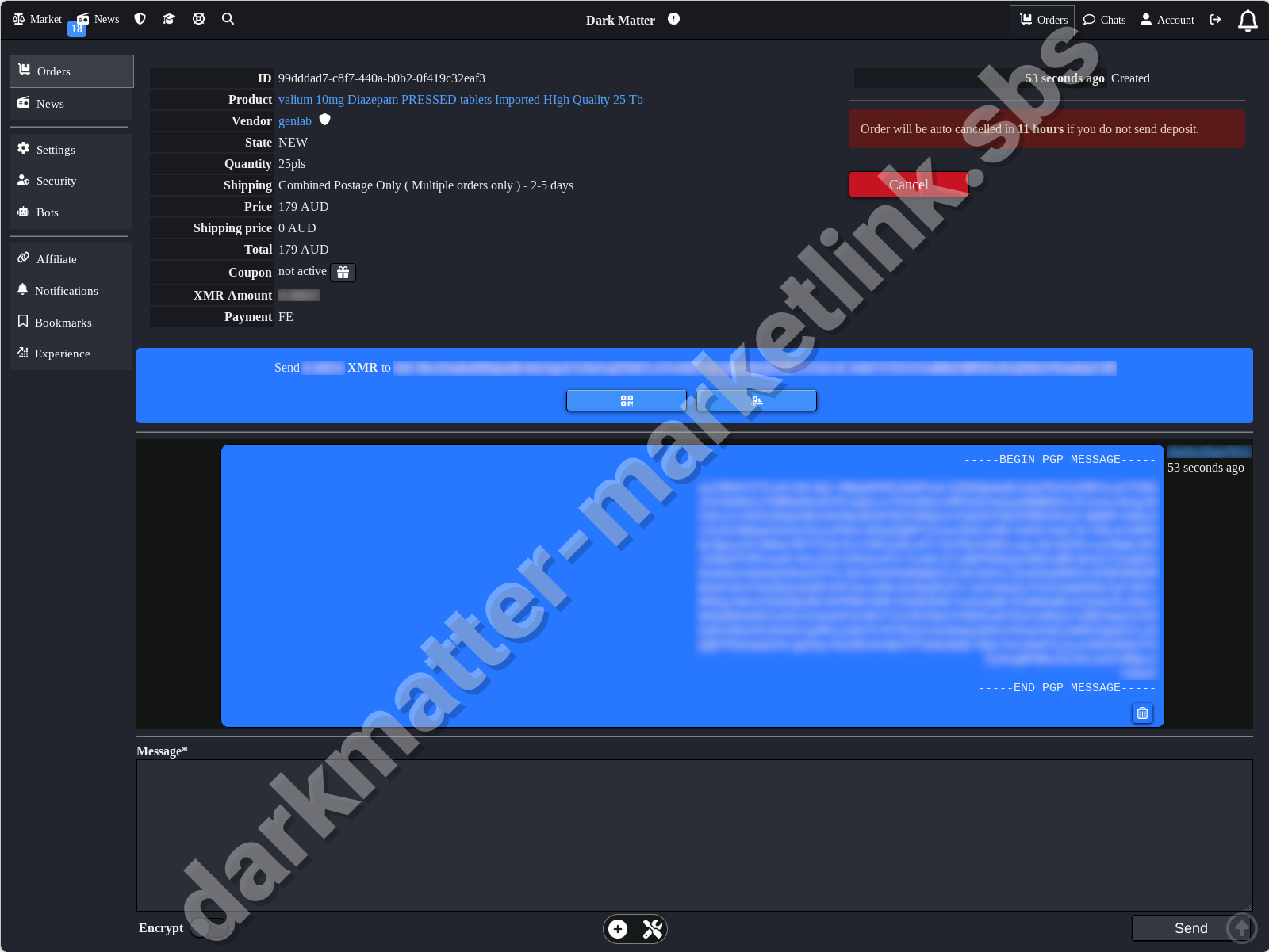 Order process on Dark Matter Market Link